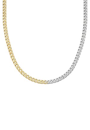 Collana a catena bicolore con anelli alternati in oro e argento. Il design è piatto, con una texture liscia e forme uniformi.