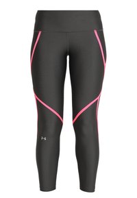 Leggings de sport noirs avec des accents roses et une texture lisse. Dotés d'une taille haute et d'un logo sur la jambe inférieure gauche.
