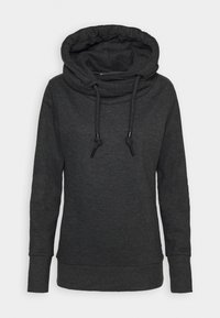 Hoodie à manches longues gris foncé avec col bénitier et cordons, poignets et ourlet côtelés, présenté à plat sur fond blanc.