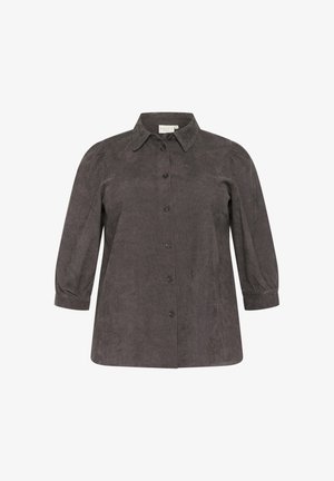 Graues Cordhemd mit Kragen, durchgehender Knopfleiste und Dreiviertelärmeln. Hat eine subtile Textur und gepuffte Schulternaht.