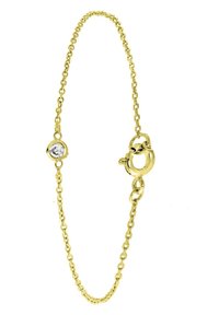 Gold chain bracelet featuring a small round diamond accent, with a secure lobster clasp and a fine, linked design.