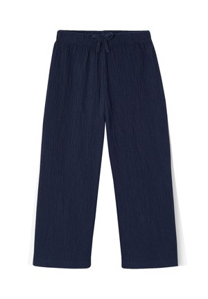 Marineblaue Hosen mit weitem Bein aus strukturiertem Stoff, elastischem Bund und Kordelzug vorne, flach auf weißem Hintergrund ausgelegt.