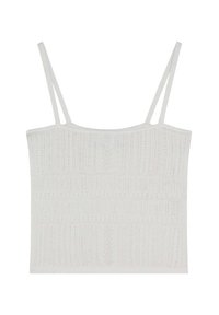 Biały, dziany crop top z cienkimi, regulowanymi ramiączkami oraz teksturowanym wzorem. Posiada dopasowany krój i gładkie, miękkie wykończenie.