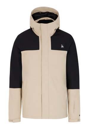Beige en zwart waterdichte jas met een hoge kraag, ritsluiting en twee zijzakken. Heeft een logo op de linkerborst.