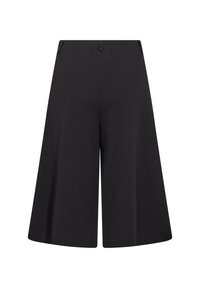 Black culotte shorts made of smooth fabric, featuring a wide leg design that extends below the knee, with a simple waistband.