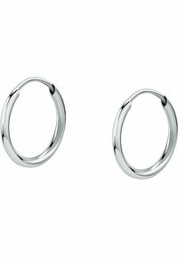 Silberne Creolen mit einer glatten, glänzenden Oberfläche. Zirkulare Form, nahtloses Design und mittlere Größe, geeignet für den täglichen Gebrauch.