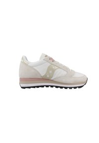 Sneaker con una toma in misto materiali in pelle bianca e suede beige chiaro. Caratterizzato da una striscia accentuata rosa e suola in gomma nera.