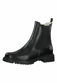 Bottines Chelsea en cuir noir avec des panneaux latéraux élastiques, bout arrondi et semelle en caoutchouc texturé avec un motif à crampons pour plus d'adhérence.
