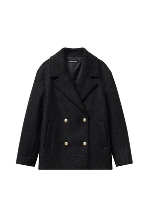 Sort dobbeltbrystet frakke lavet af blødt uldblanding, med store metalliske knapper, klapkrave og to sidelommer. Tekstureret stof.