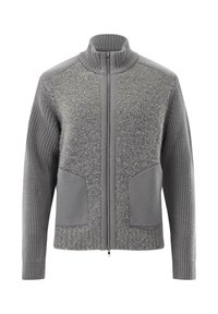 Grauer Full-Zip-Pullover mit strukturierter Vorderseite, gestrickten Ärmeln, geripptem Kragen und zwei glatten Stofftaschen vorne.