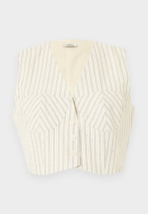Κρεμ cropped γιλέκο με λεπτές κάθετες μαύρες ρίγες, διαμορφωμένες θήκες και τρία μπροστινά κουμπιά.