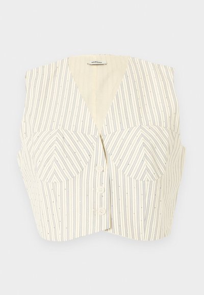 Κρεμ cropped γιλέκο με λεπτές κάθετες μαύρες ρίγες, διαμορφωμένες θήκες και τρία μπροστινά κουμπιά.