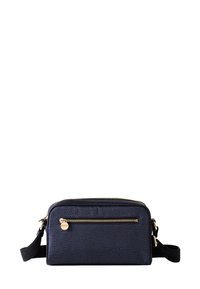 Dark blue textured bag with a gold zipper, featuring a front pocket and an adjustable strap. Compact rectangular shape.