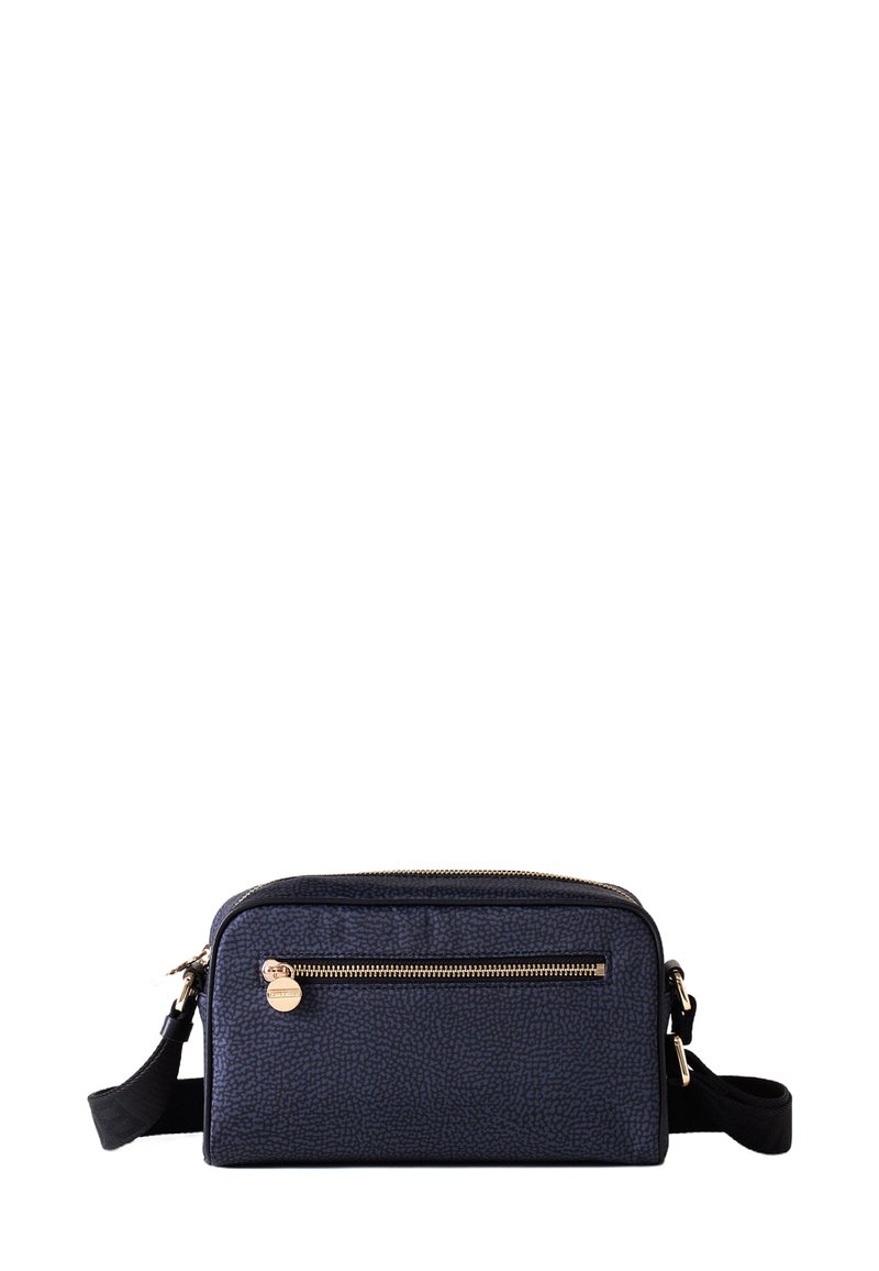 Dark blue textured bag with a gold zipper, featuring a front pocket and an adjustable strap. Compact rectangular shape.