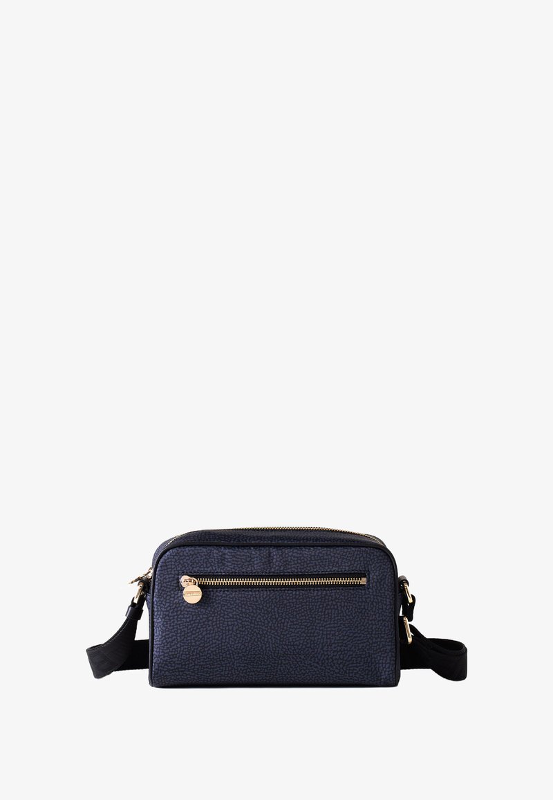 Dark blue textured bag with a gold zipper, featuring a front pocket and an adjustable strap. Compact rectangular shape.