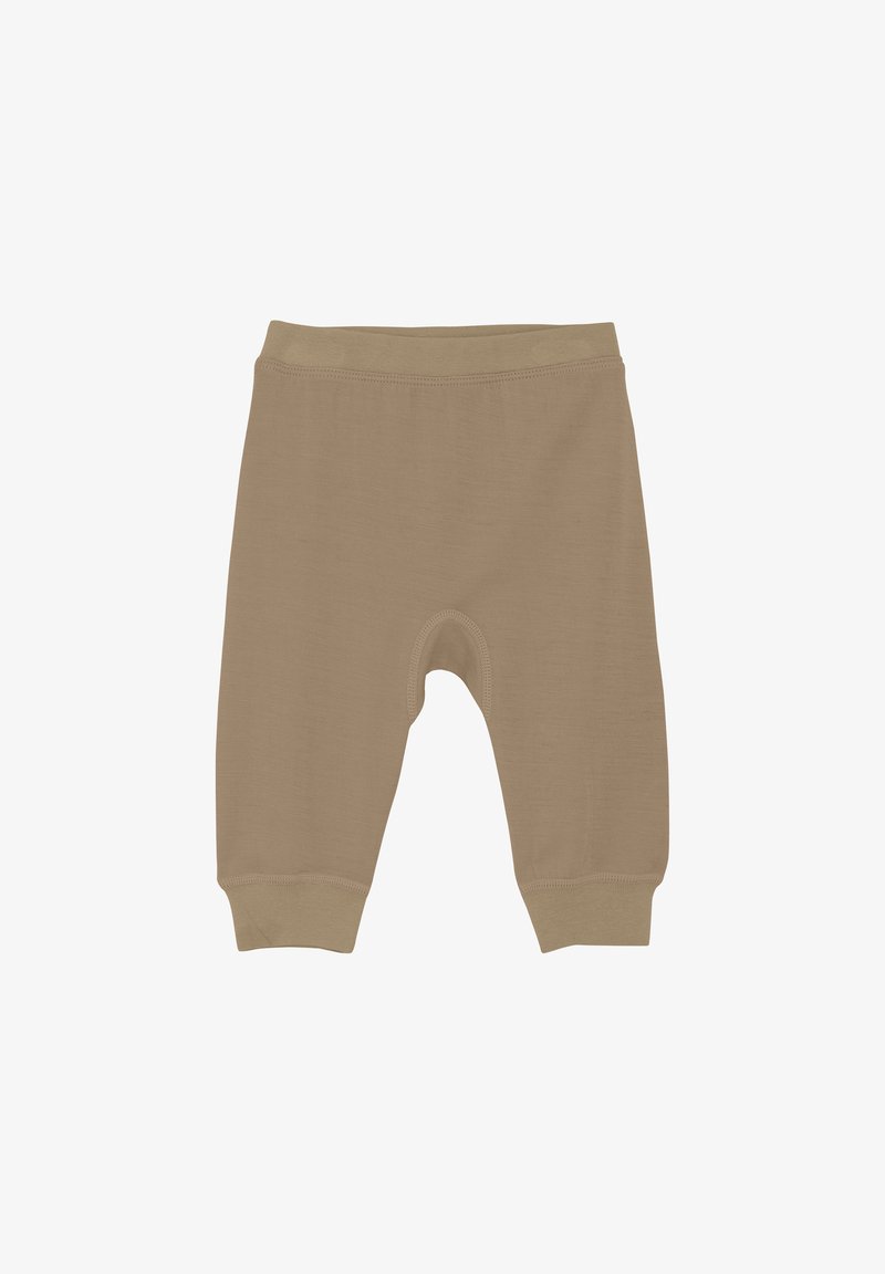 Bruine katoenmix shorts met elastische tailleband, cropped lengte en ribgebreide boorden. Eenvoudig ontwerp zonder duidelijke patronen of accenten.