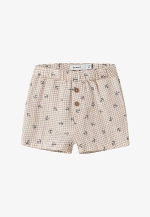 Babysjorts med elastisk midje, beige rutenettmønster og små marineblå ankertrykk, med to dekorative knapper i tre foran.