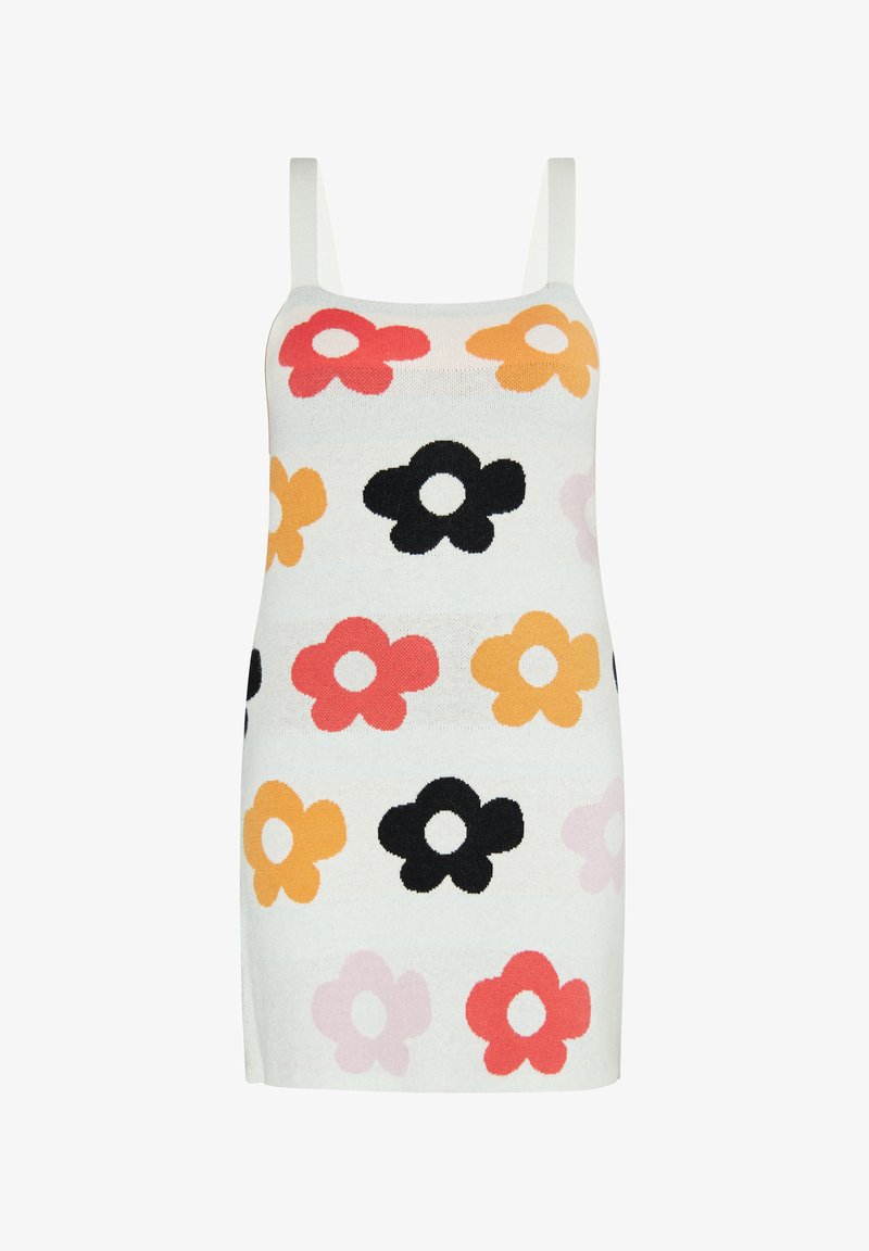 Abito di maglia con spalline larghe, caratterizzato da una base bianca decorata con motivi floreali colorati in rosso, arancione, nero e rosa.