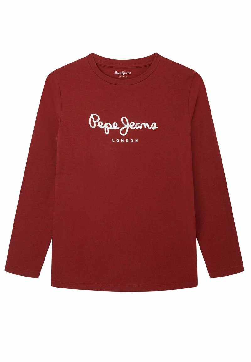 Czarna koszulka z długim rękawem z burgundowej bawełny, z białym logo "Pepe Jeans LONDON" na wysokości klatki piersiowej. Okrągły dekolt.