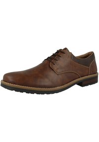 Scarpa in pelle marrone con lacci, dalla finitura liscia, punta arrotondata, cuciture a contrasto e suola in gomma. Presenta uno stile casual e un design robusto.