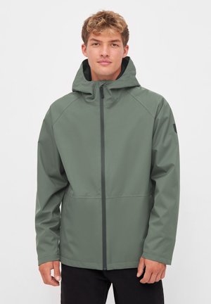 Green weatherproof jacket with a hood, featuring a front zip closure and a smooth texture. Includes accent detailing on the left sleeve.