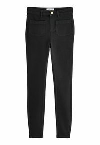Mustat slim fit -farkut, joissa on perinteinen viiden taskun malli, kultakuvioinen nappi ja ommeltuja yksityiskohtia saumoissa.