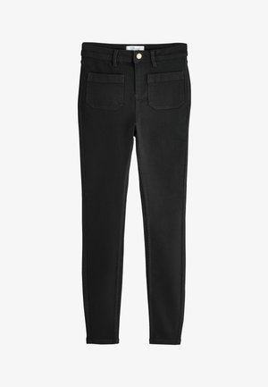 Zwarte skinny jeans van denim, met een klassieke vijf-pocketstijl, een gouden knoop en gestikte accenten langs de naden.