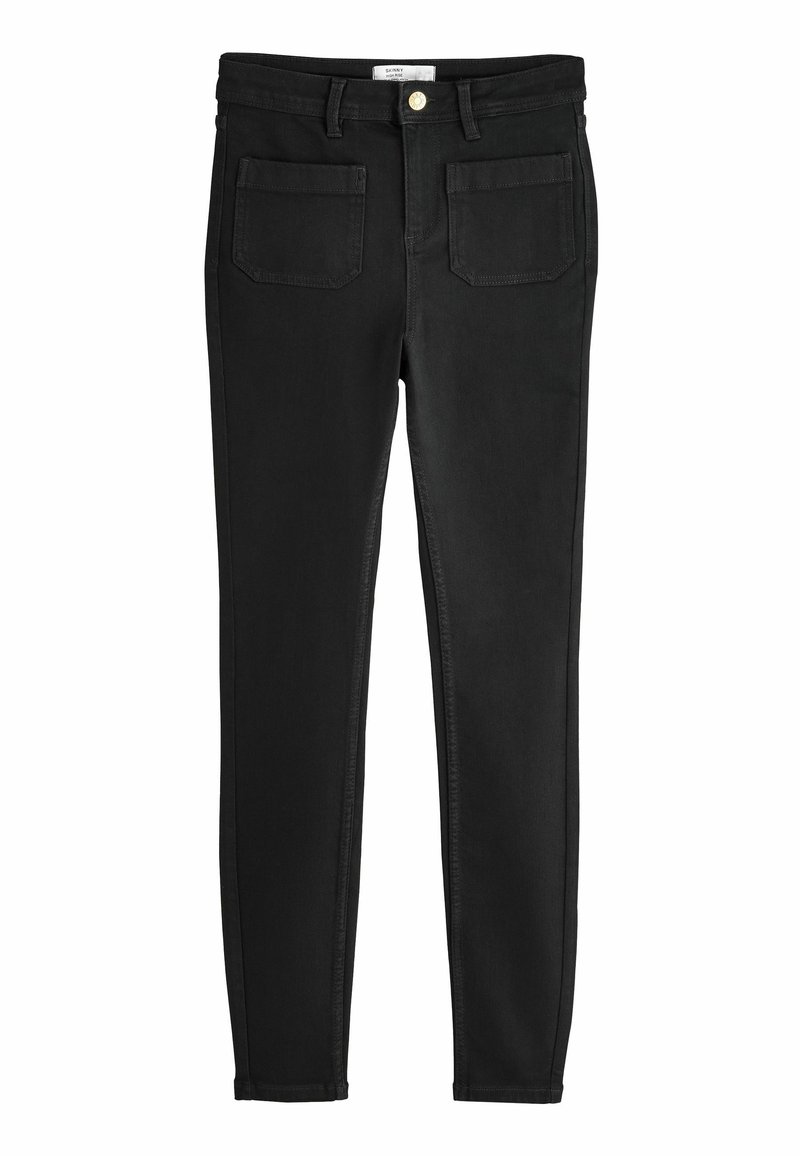 Mustat slim fit -farkut, joissa on perinteinen viiden taskun malli, kultakuvioinen nappi ja ommeltuja yksityiskohtia saumoissa.