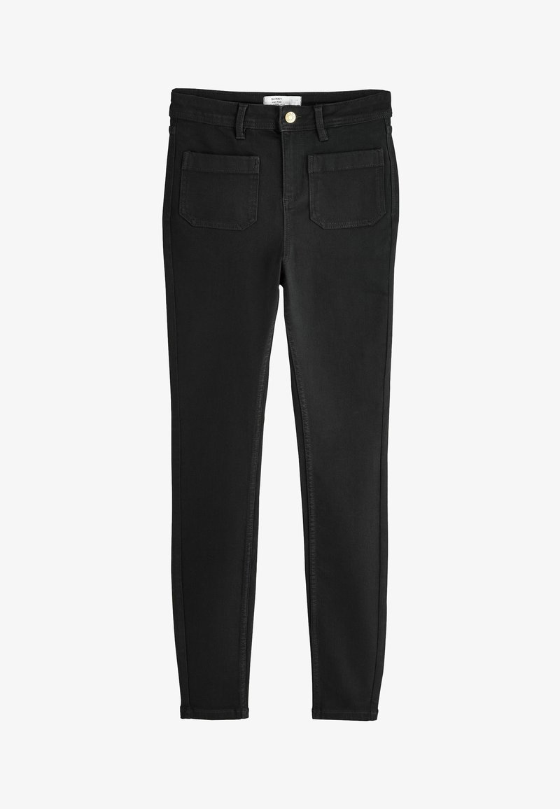Mustat slim fit -farkut, joissa on perinteinen viiden taskun malli, kultakuvioinen nappi ja ommeltuja yksityiskohtia saumoissa.