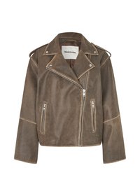 Brown leather motorcycle jacket featuring a notched collar, asymmetrical zipper, and two front zippered pockets. Textured finish with shoulder accents.