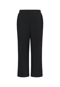 Sorte cropped bukser med elastisk talje, glat tekstur, to baglommer, og lige ben-design.
