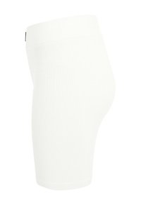 Pantaloni corti bianchi in gravidanza a vita alta, a costine, realizzati in tessuto elasticizzato per adattarsi comodamente sopra il pancione.