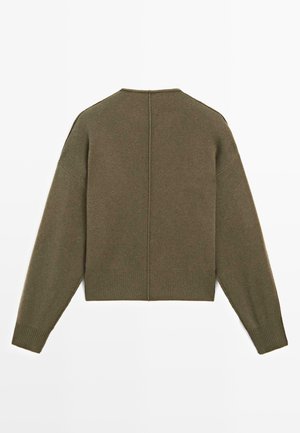 Olive green knit sweater with long sleeves, ribbed cuffs, and a vertical seam running down the center back.