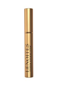 Contenedor metálico dorado con un diseño elegante, que presenta el texto "SUERO RENOVADOR DE CEJAS LENOITES" en negro. Superficie lisa, forma cilíndrica.