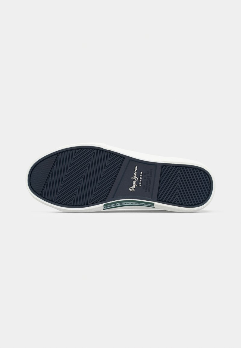 Marine rubber zool met witte rand, met een visgraatprofiel en merkdetails. Gladde textuur met contrasterende accenten.