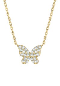 Zlatna ogrlica s privjeskom u obliku leptira, opremljena lancem, koja sadrži skupinu prozirnih kristala u simetričnom dizajnu leptira.