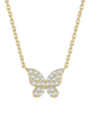 Zelta tauriņu piekariņš ar ķēdi, kurā ir skaidru kristālu grupa simetriskā tauriņu dizainā.