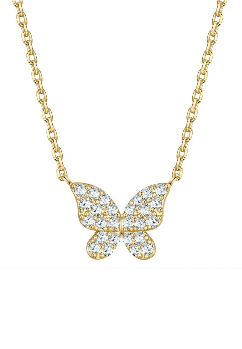 Zlatna ogrlica s privjeskom u obliku leptira, opremljena lancem, koja sadrži skupinu prozirnih kristala u simetričnom dizajnu leptira.