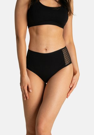 Culotte taille haute noire en tissu lisse avec des panneaux latéraux en dentelle ornés d'un motif géométrique. Design extensible et ajusté.