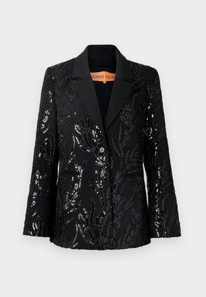 Schwarze Blazer mit kunstvollen Paillettenverzierungen, die in einem floralen Muster angeordnet sind, mit Reverskragen und einreihigem Knopfverschluss.