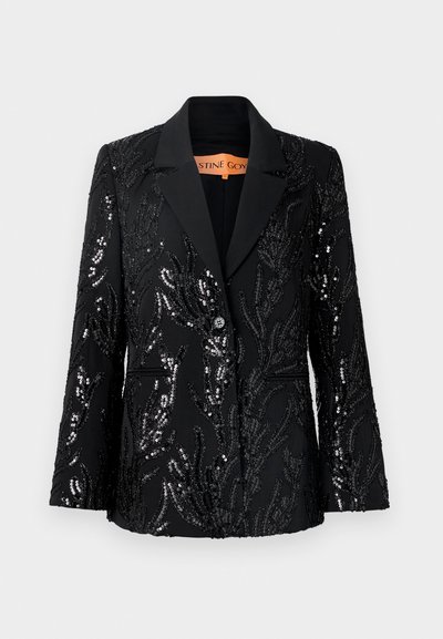Black blazer featuring intricate sequin embellishments in a swirling pattern, notch lapels, single button closure, and two front pockets.