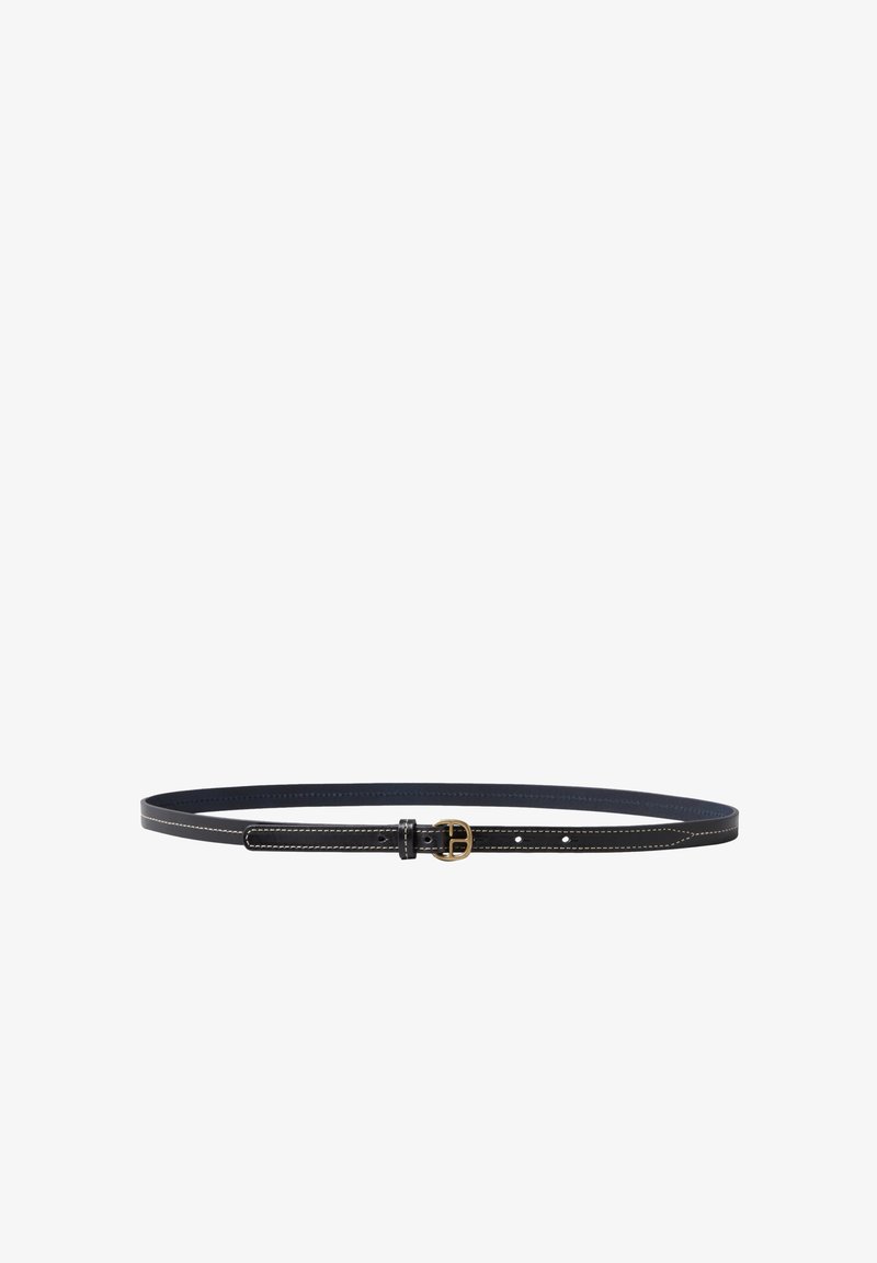 Ceinture en cuir noir avec une finition lisse, équipée de ferrures dorées et d'accents de couture blanche le long des bords. Taille ajustable.
