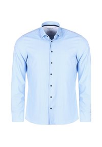 Helles Blau langärmliges Hemd mit strukturiertem Kragen, das ein dezentes Texturmuster und schwarze Knöpfe entlang der Vorderseite aufweist.