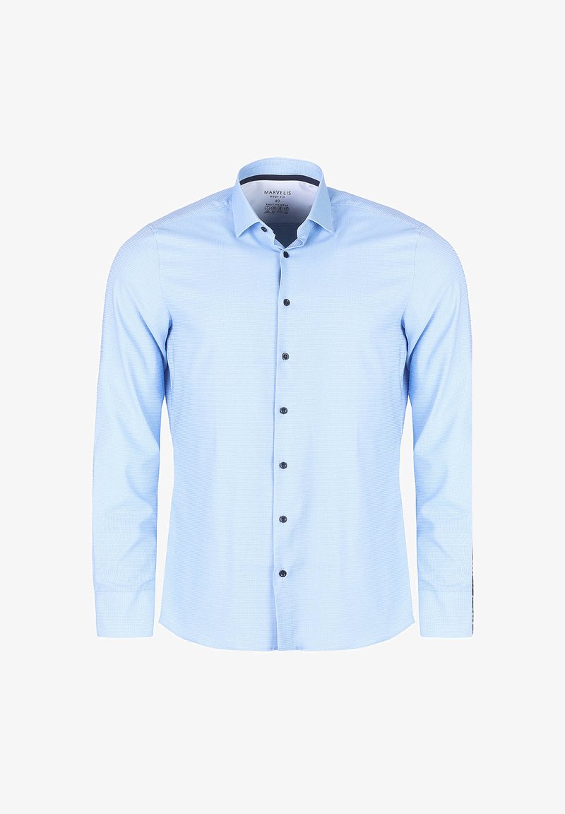 Helles Blau langärmliges Hemd mit strukturiertem Kragen, das ein dezentes Texturmuster und schwarze Knöpfe entlang der Vorderseite aufweist.