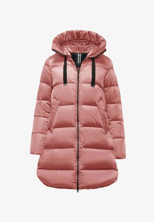 Cappotto puffo rosa con cappuccio, caratterizzato da una chiusura zip anteriore, dettagli neri e un design trapuntato. Il tessuto sembra liscio e leggero.