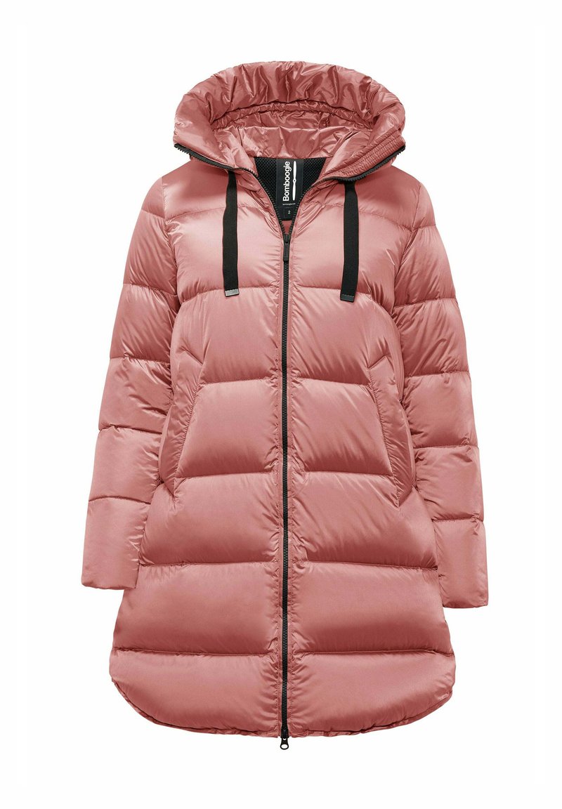 Cappotto puffo rosa con cappuccio, caratterizzato da una chiusura zip anteriore, dettagli neri e un design trapuntato. Il tessuto sembra liscio e leggero.