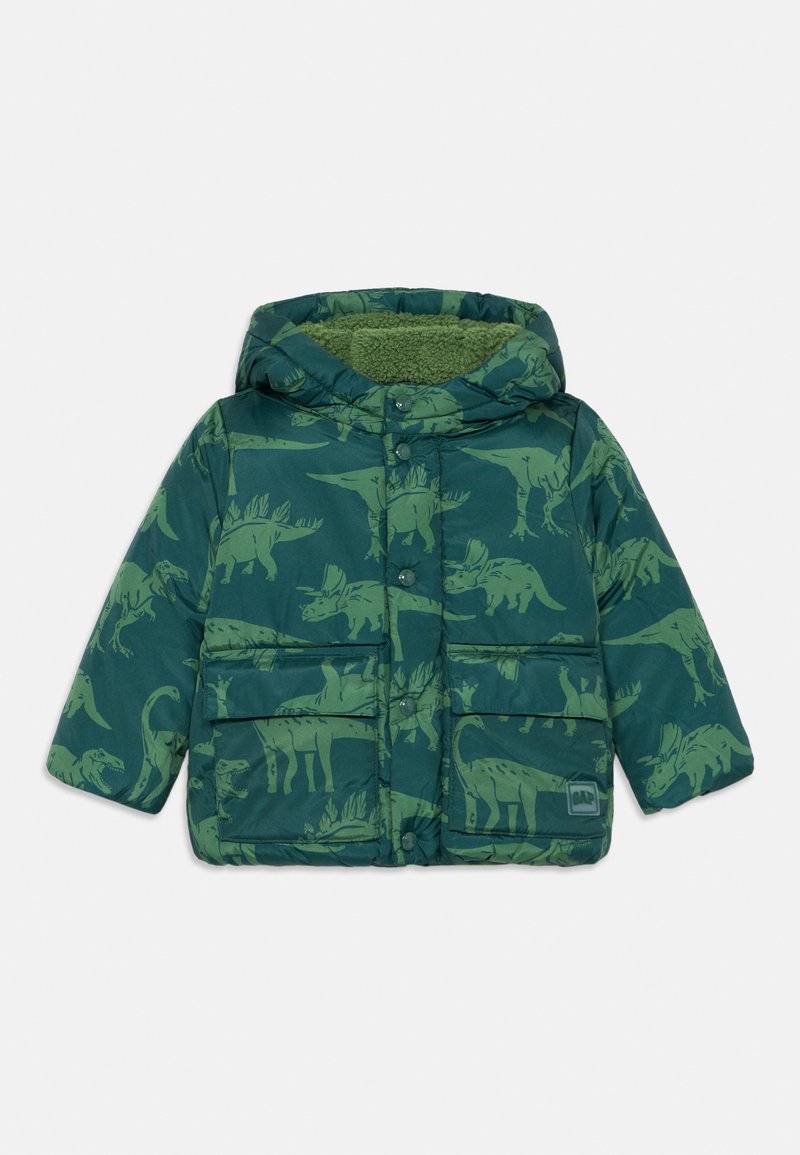 Giacca a vento verde con un motivo di dinosauri in verde chiaro, cappuccio e due tasche frontali. L'imbottitura in fleece aggiunge una texture.