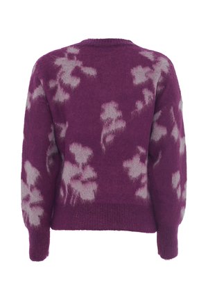 Pull en tricot violet avec un motif floral légèrement flou dans une teinte plus claire, col rond et ourlets et poignets côtelés.