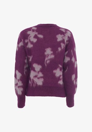 Maglione lavorato a maglia viola con un motivo floreale leggermente sfocato in una tonalità più chiara, colletto rotondo e orlo e polsini a coste.
