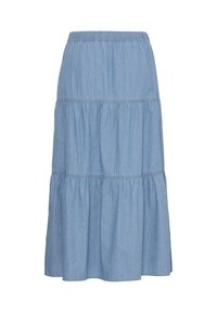 Jupe midi en denim bleu clair à volants avec taille élastique et trois sections froncées.